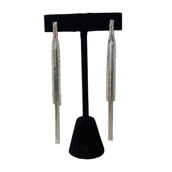 Herringbone & Rhinestone Silver Dangle Drop Statement Earrings Costume Jewelry - Picture 2 of 4